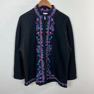 CLC Jacket L Black 100% Wool Floral‎ Embroidered Boho Cottagecore Clasp Womens